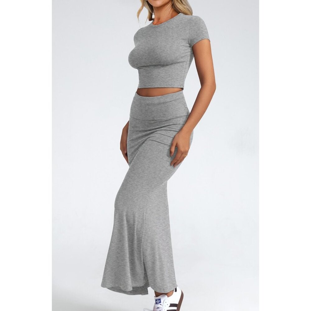 Women's Grey Two Piece Sets Sleeve Crewneck Cropped Bodycon Outfit Maxi Skirt - Picture 4 of 6